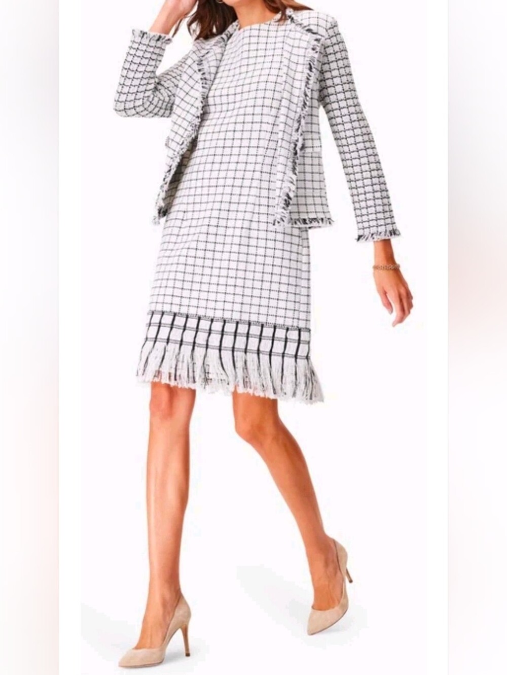 Nic + Zoe Grid Fringe Mix Blk Cream 2 Piece Jacket & Dress M Classic Style